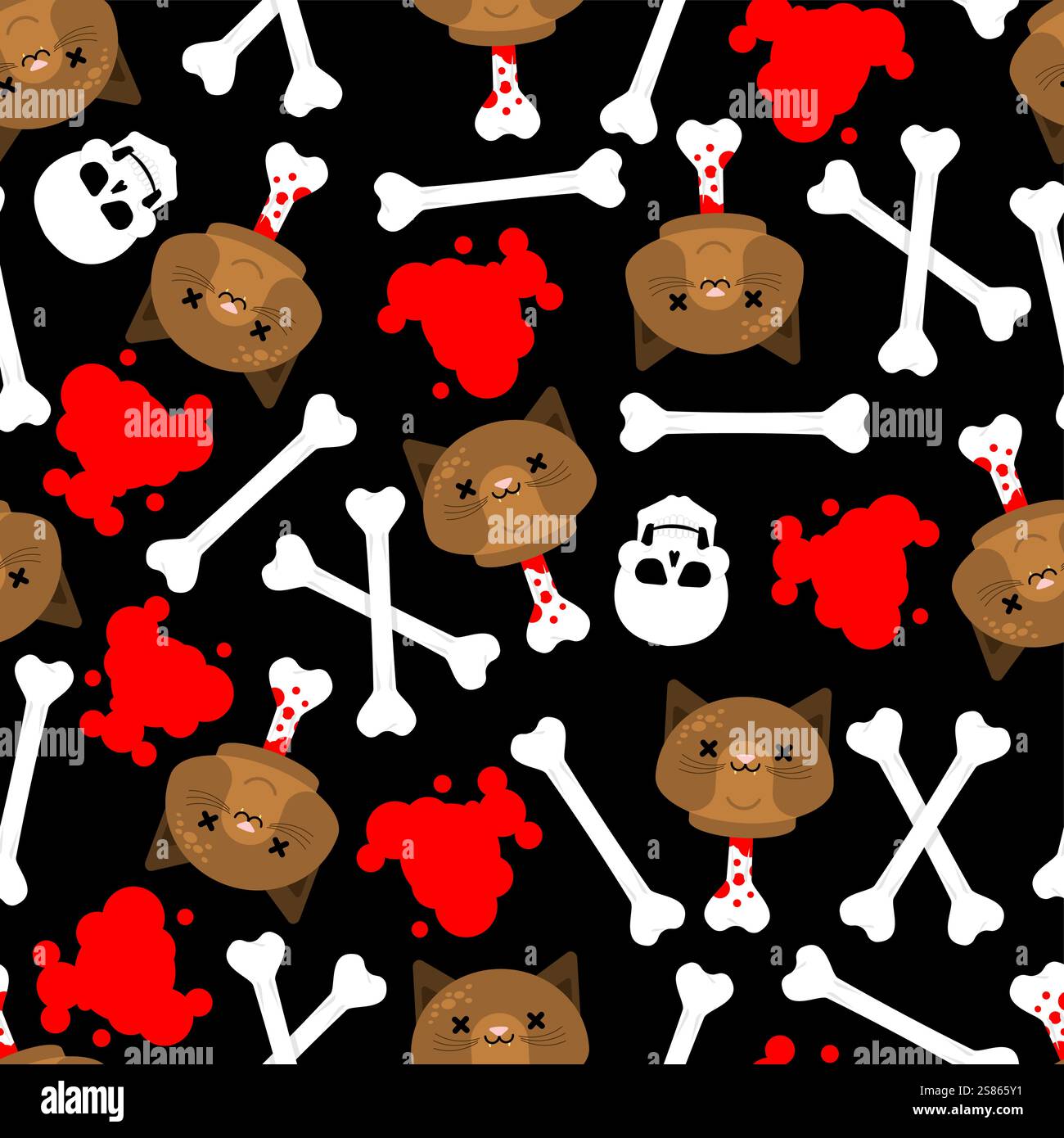 Zombie Cat Head pattern seamless. Dead Cat Head With Bone background. Modern Fashion texture Stock Vector