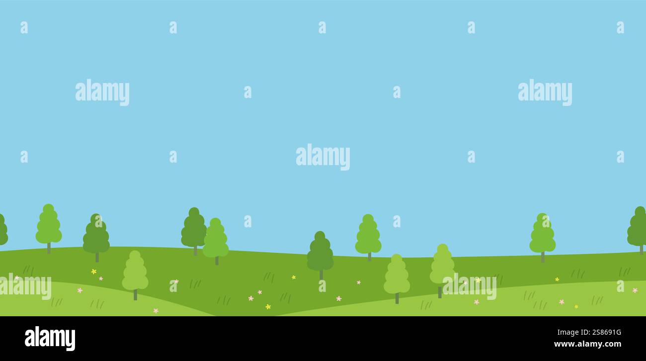 Seamless Flat-Style Landscape In The Springtime Vector Illustration. Horizontally Repeatable. Stock Vector