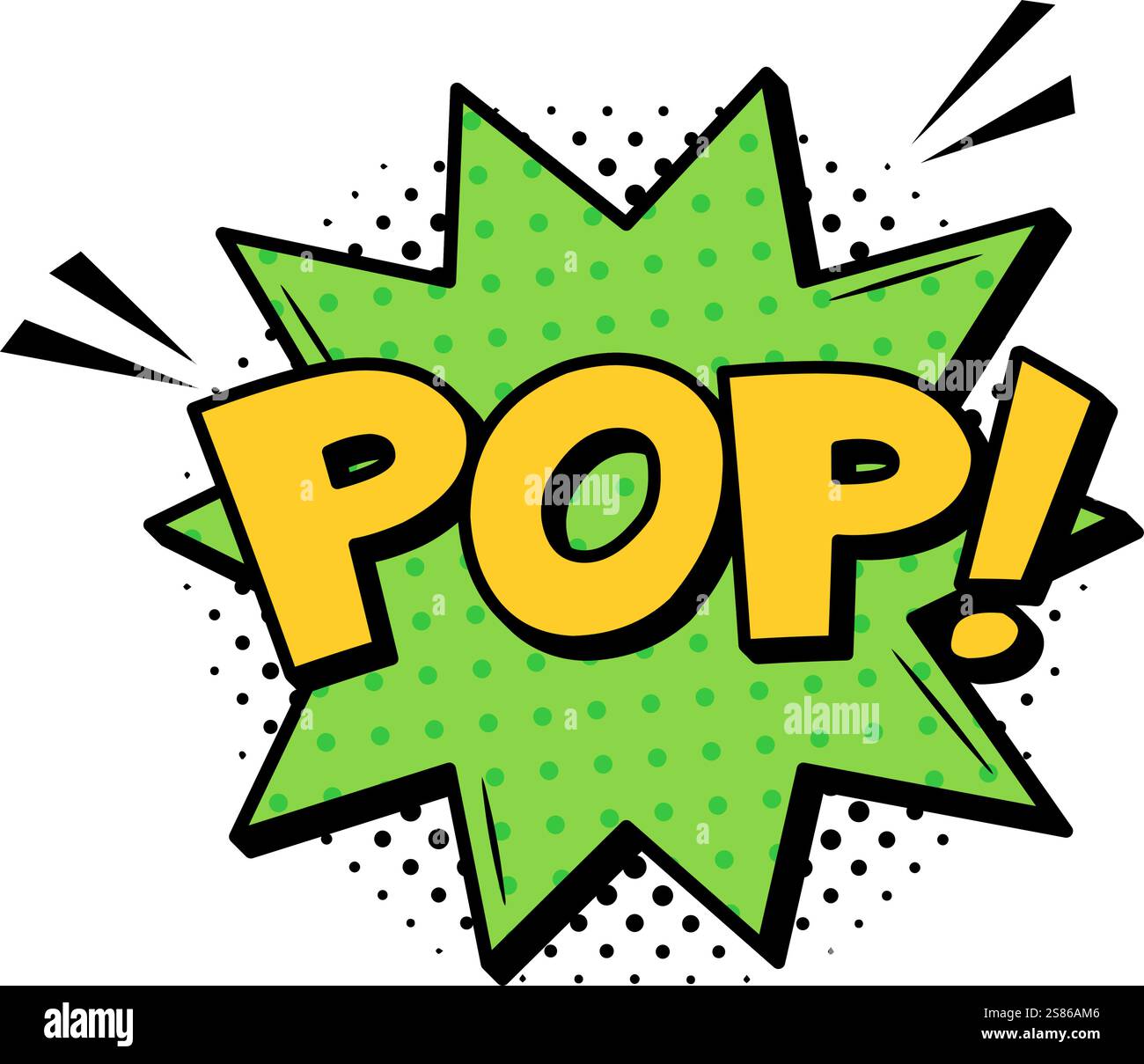 Green star adorned with halftone dots and the vibrant yellow word pop bursting forth with dynamic speed lines, capturing a moment of sudden impact and Stock Vector