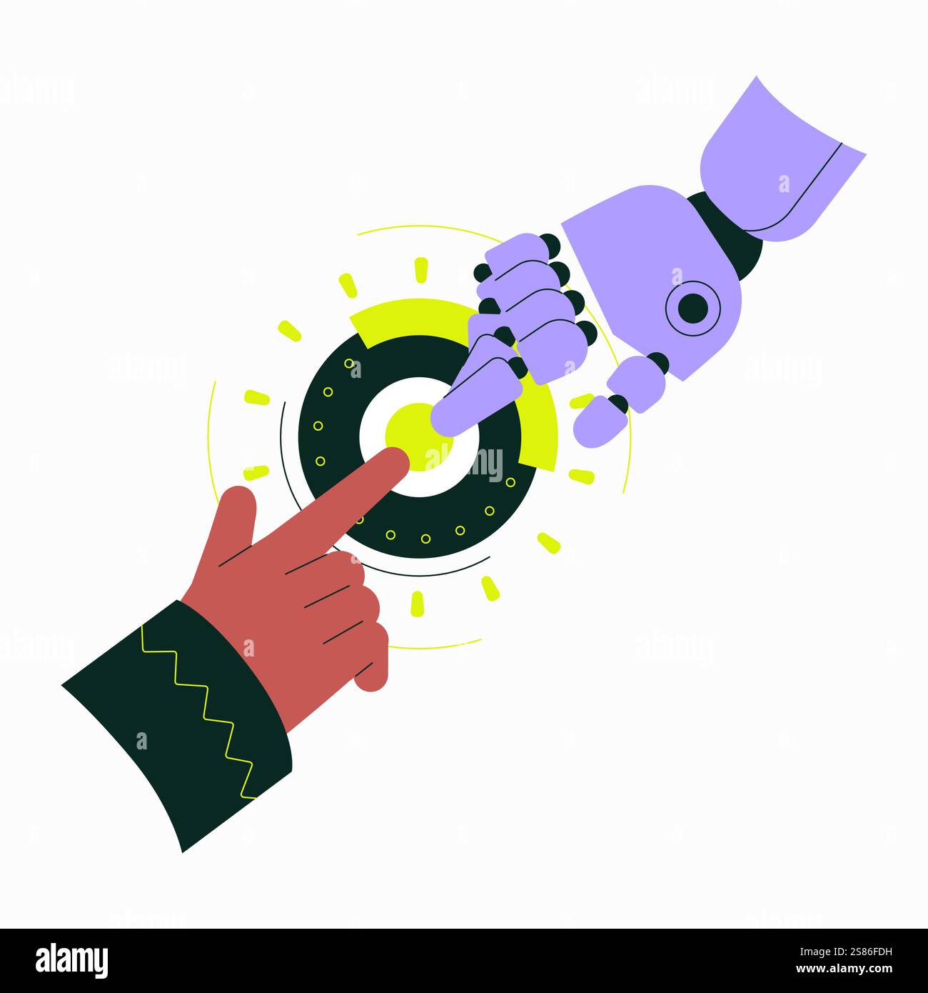 Human Hand Interacting With Robot Arm In Flat Vector Illustration ...