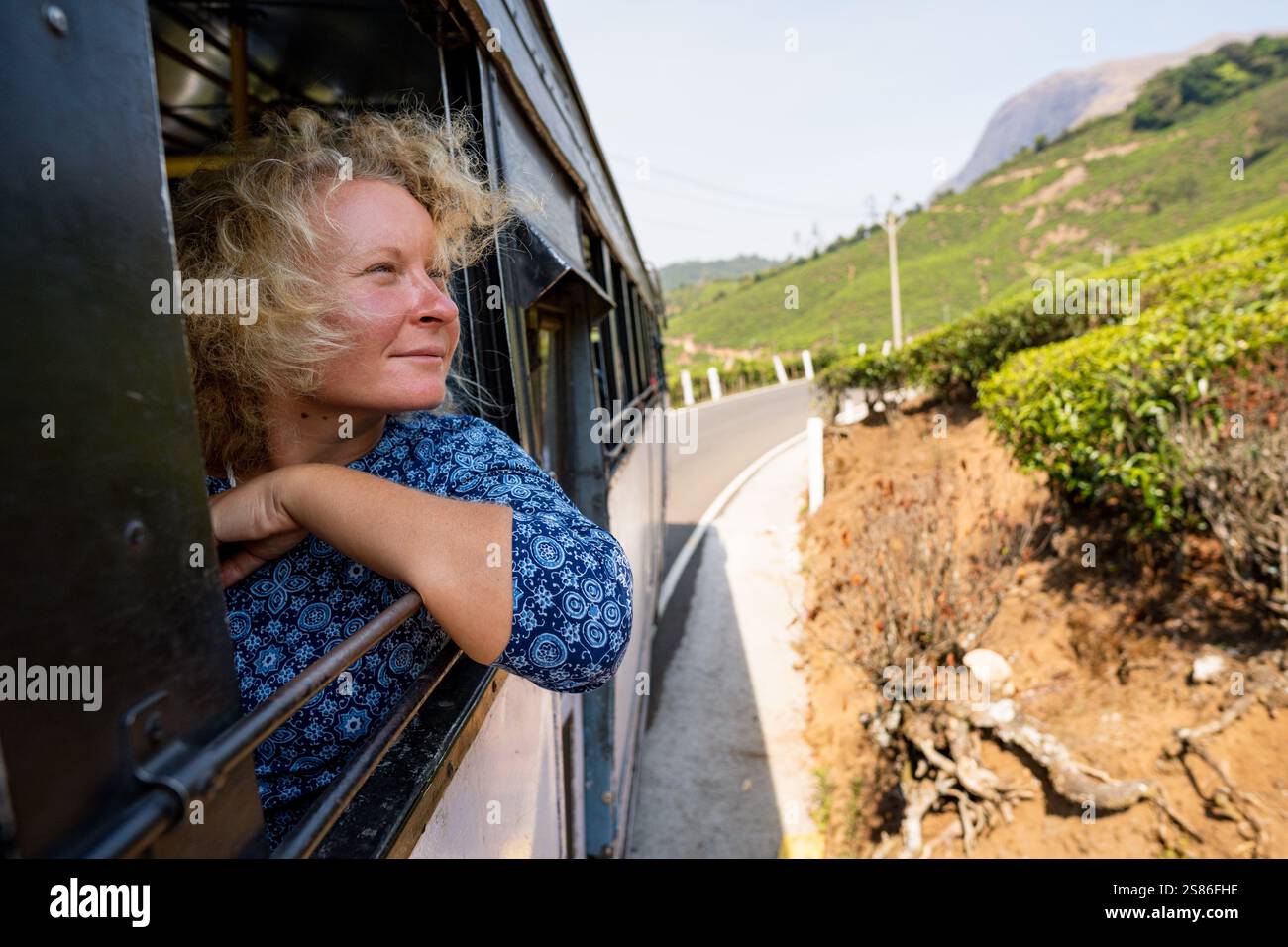 Female tourist having a bus ride from Munnar to Marayoor along tea ...