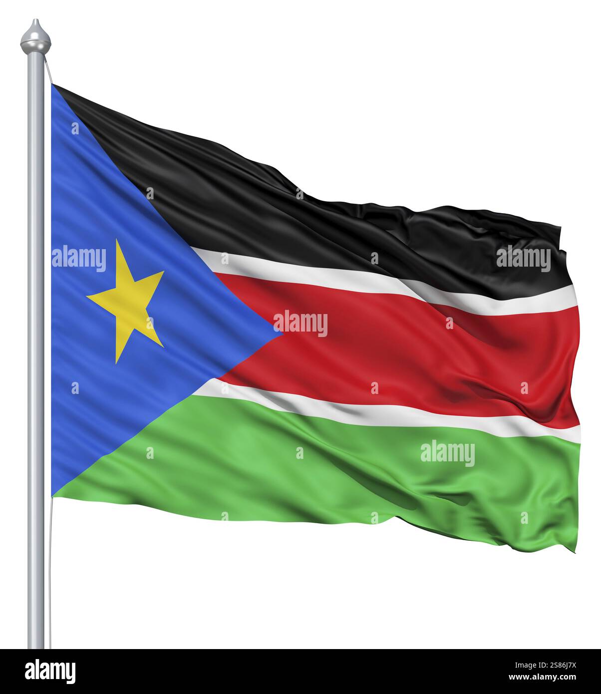 Flag of South Sudan with flagpole waving in the wind against white ...