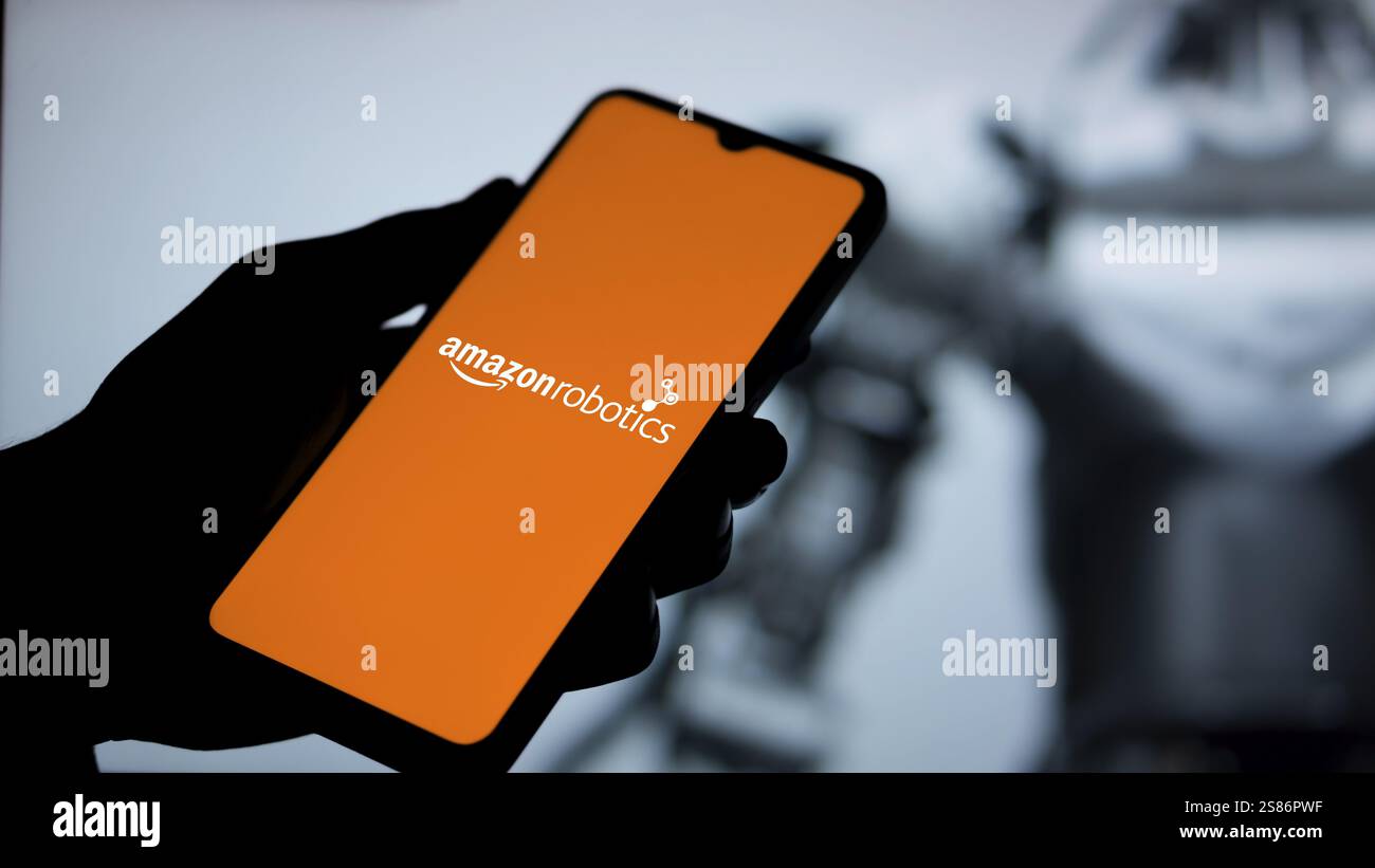 amazon robotics logo is displayed on smartphone. Amazon Robotics is a ...