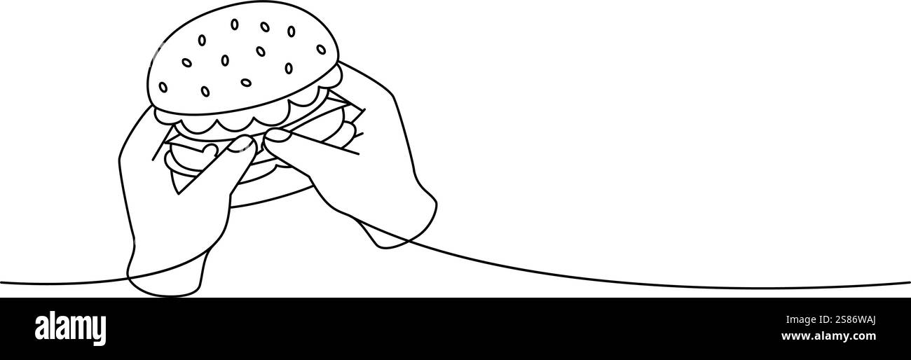 Two hands holding a hamburger one line continuous drawing. Traditional ...