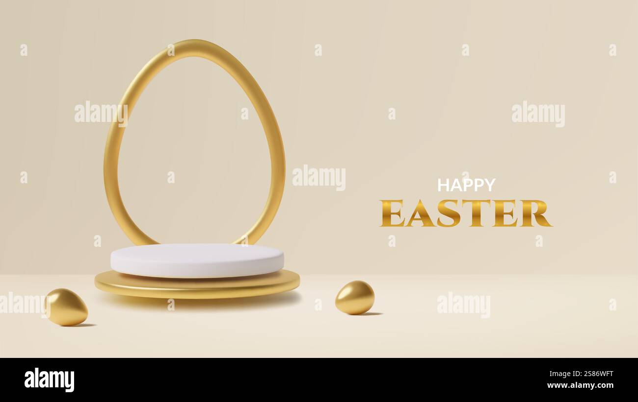 Happy Easter 3d background with floating podium and golden eggs elegant vector design Stock Vector