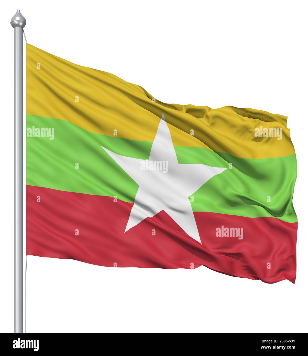 Flag of Myanmar with flagpole waving in the wind against white ...