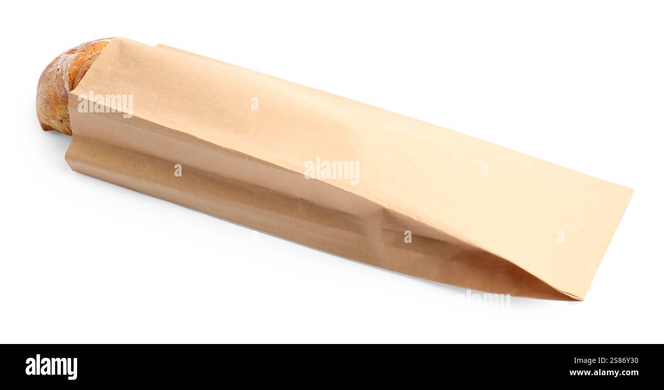 Paper bag with fresh baguette isolated on white Stock Photo - Alamy