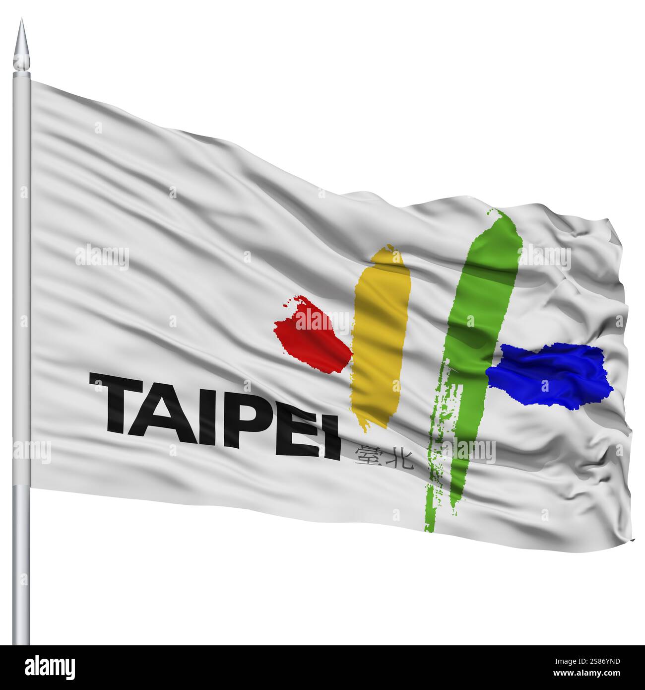 Taipei City Flag on Flagpole, Capital City of Republic of China, Flying in the Wind, Isolated on White Background Stock Photo