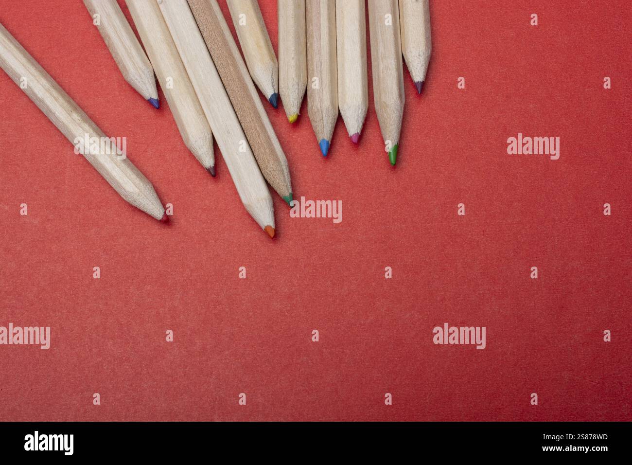 Colored pencils on red background. Many different colored pencils Stock Photo