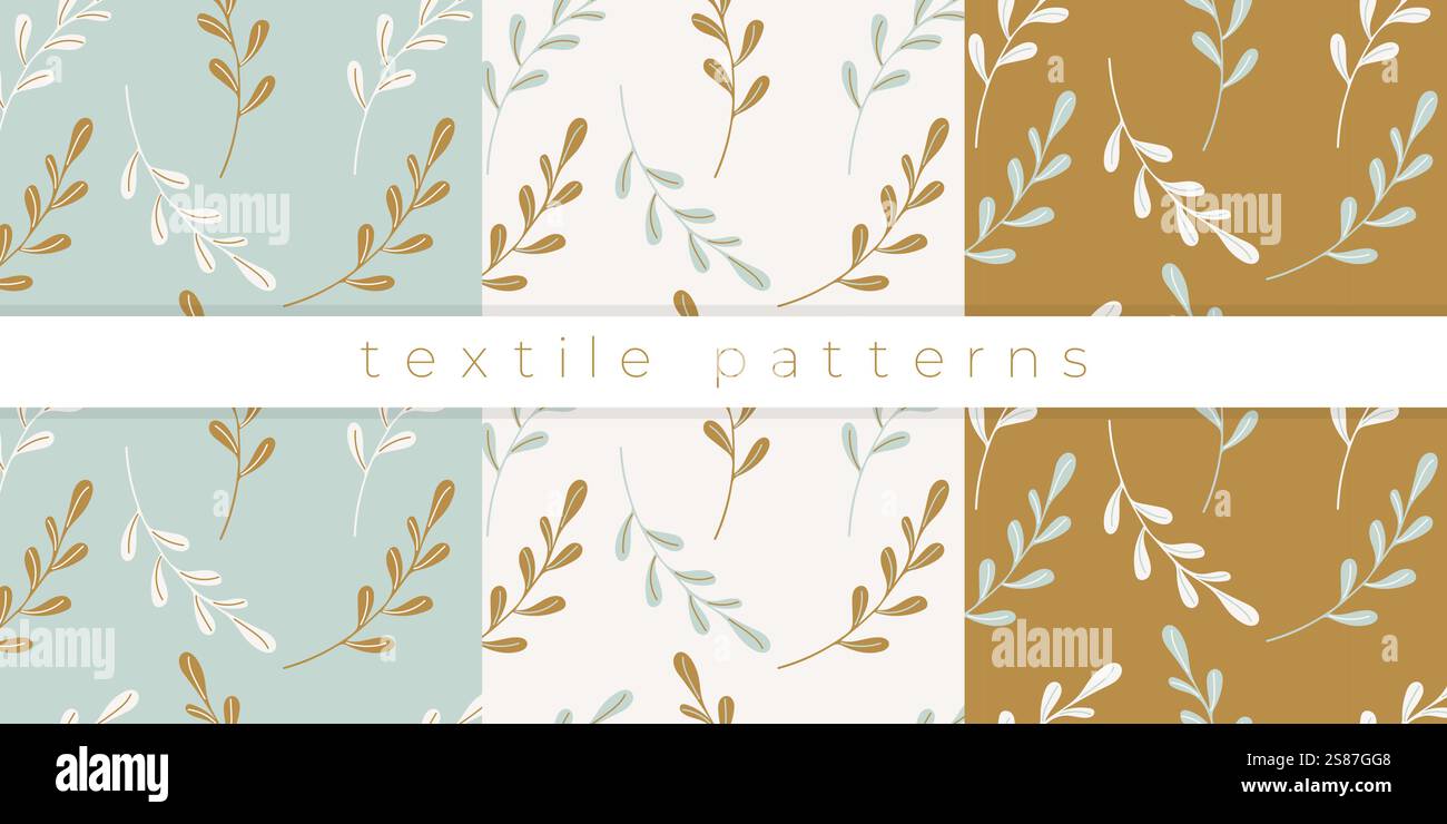 Botanical textile patterns, set herbal patterns with twigs in pastel colors. Vector illustration Stock Vector