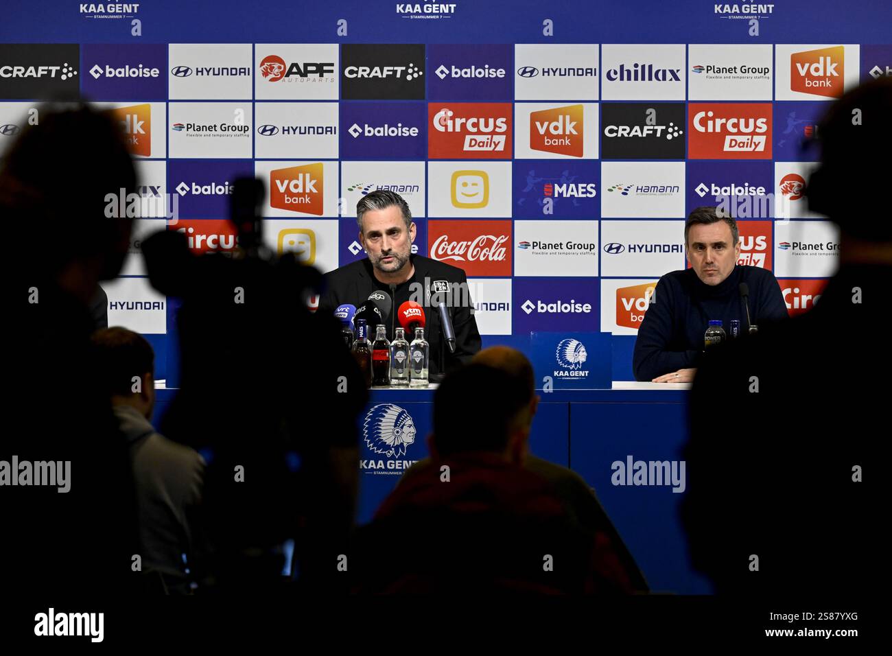 Gent, Belgium. 21st Jan, 2025. Gent's owner Sam Baro and Gent's Sports director Arnar Vidarsson pictured during a press conference of Belgian soccer team KAA Gent regarding the dismissal of head coach Vrancken, Tuesday 21 January 2025 in Gent. BELGA PHOTO DIRK WAEM Credit: Belga News Agency/Alamy Live News Stock Photo