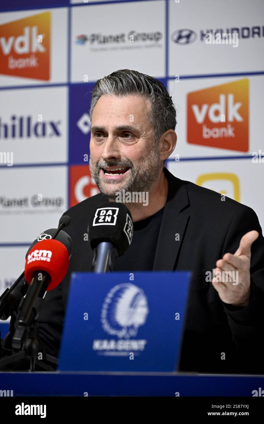 Gent, Belgium. 21st Jan, 2025. Gent's owner Sam Baro pictured during a press conference of Belgian soccer team KAA Gent regarding the dismissal of head coach Vrancken, Tuesday 21 January 2025 in Gent. BELGA PHOTO DIRK WAEM Credit: Belga News Agency/Alamy Live News Stock Photo