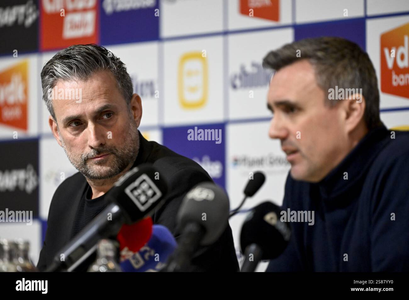 Gent, Belgium. 21st Jan, 2025. Gent's owner Sam Baro and Gent's Sports director Arnar Vidarsson pictured during a press conference of Belgian soccer team KAA Gent regarding the dismissal of head coach Vrancken, Tuesday 21 January 2025 in Gent. BELGA PHOTO DIRK WAEM Credit: Belga News Agency/Alamy Live News Stock Photo