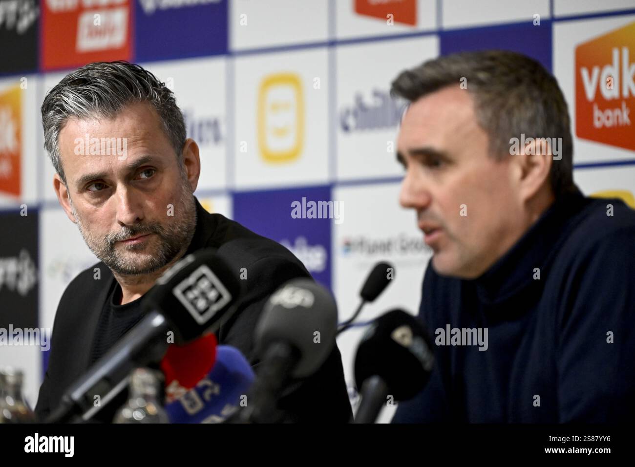 Gent, Belgium. 21st Jan, 2025. Gent's owner Sam Baro and Gent's Sports director Arnar Vidarsson pictured during a press conference of Belgian soccer team KAA Gent regarding the dismissal of head coach Vrancken, Tuesday 21 January 2025 in Gent. BELGA PHOTO DIRK WAEM Credit: Belga News Agency/Alamy Live News Stock Photo