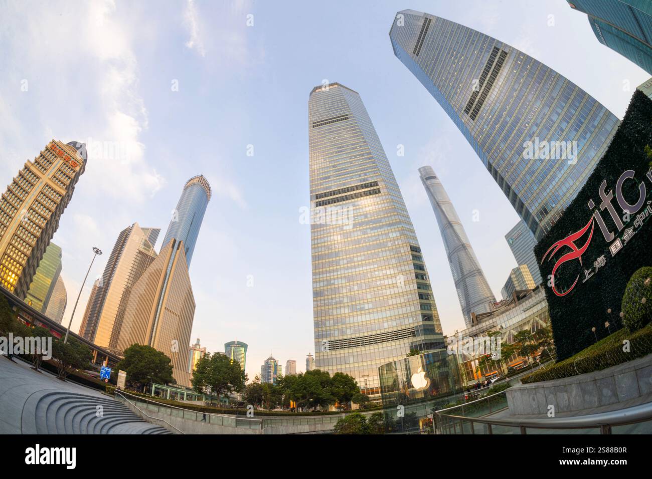 Shanghai, China. January 8, 2025. wide angle panoramic view from below of modern skyscrapers in the city center Stock Photo