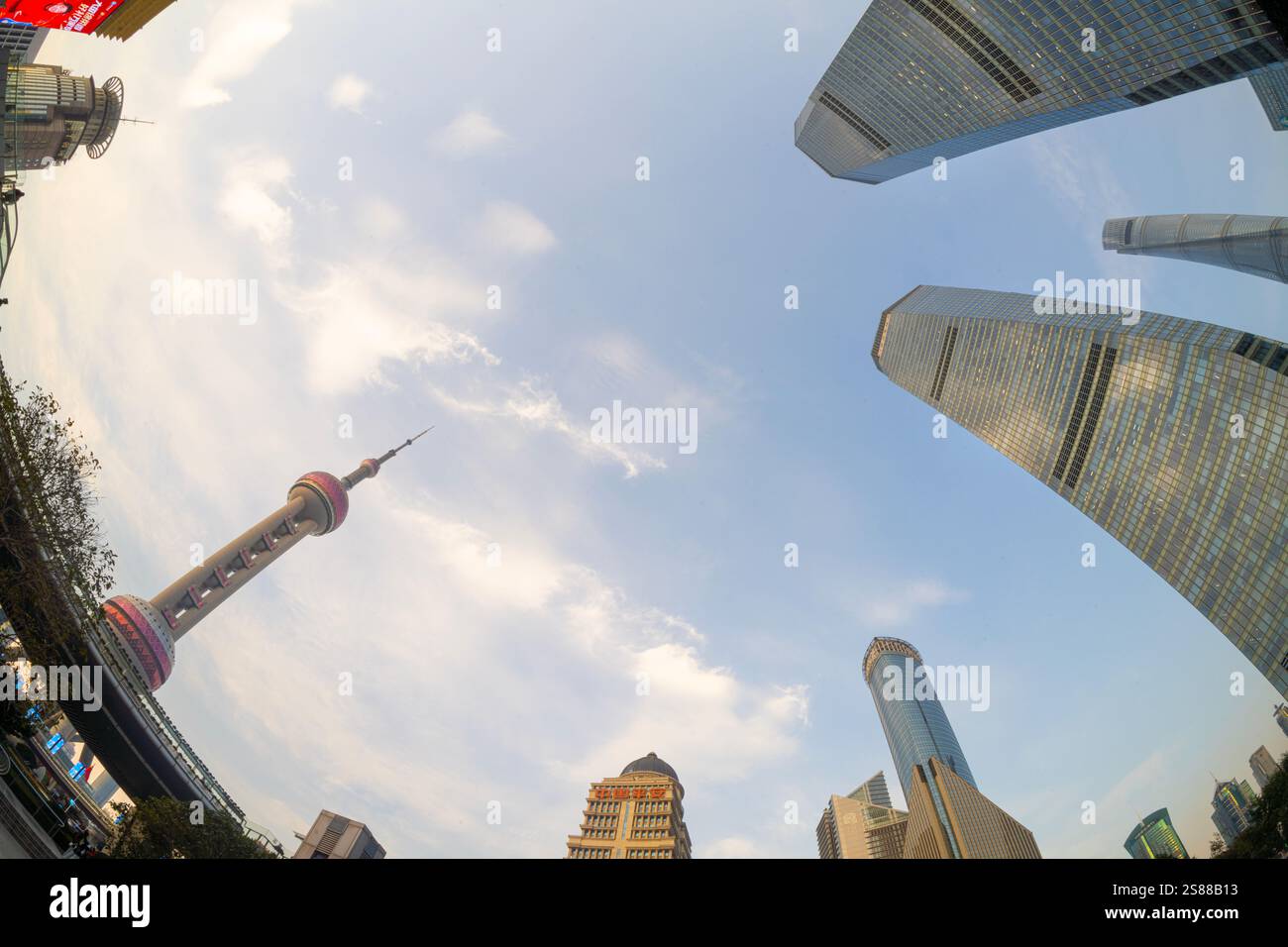 Shanghai, China. January 8, 2025. wide angle panoramic view from below of modern skyscrapers in the city center Stock Photo