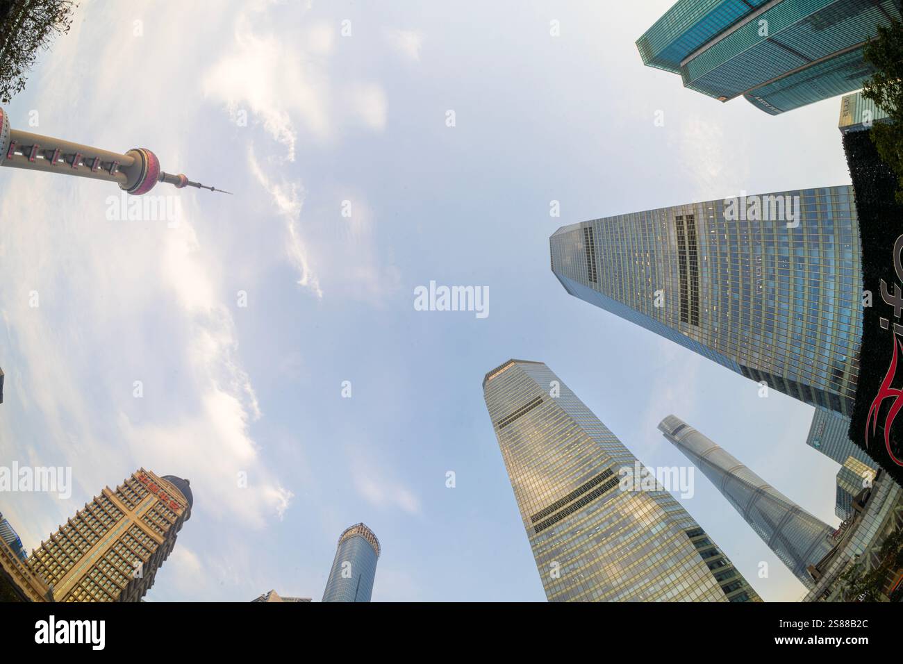 Shanghai, China. January 8, 2025. wide angle panoramic view from below of modern skyscrapers in the city center Stock Photo