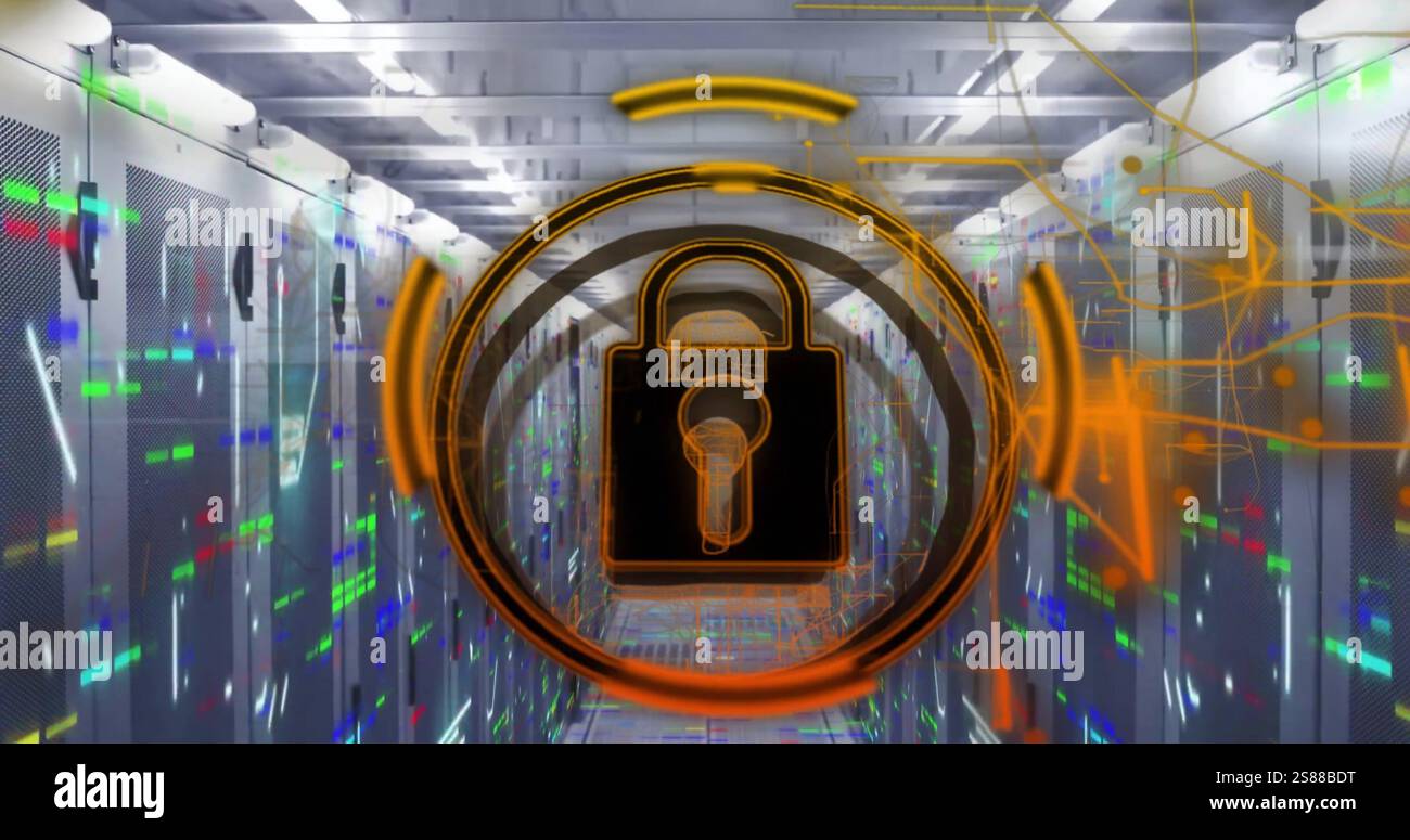 Image of data processing and padlock icon over computer servers Stock Photo