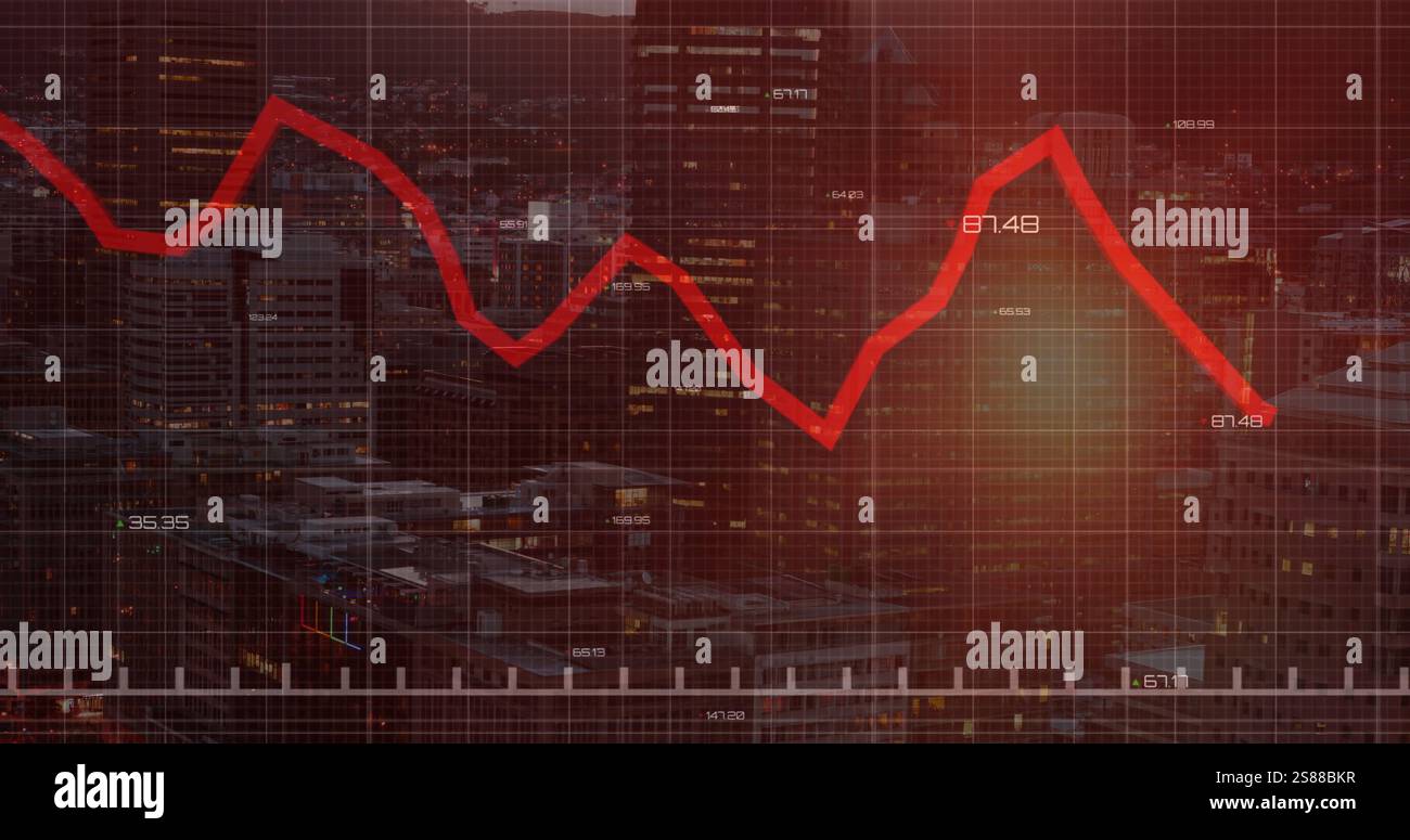 Image of red line and financial data processing over dark background Stock Photo
