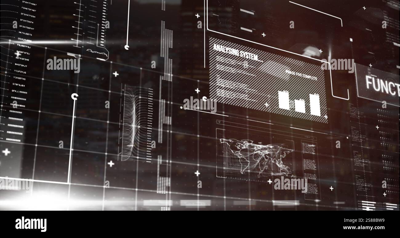 Image of data processing and diagrams over black background Stock Photo ...