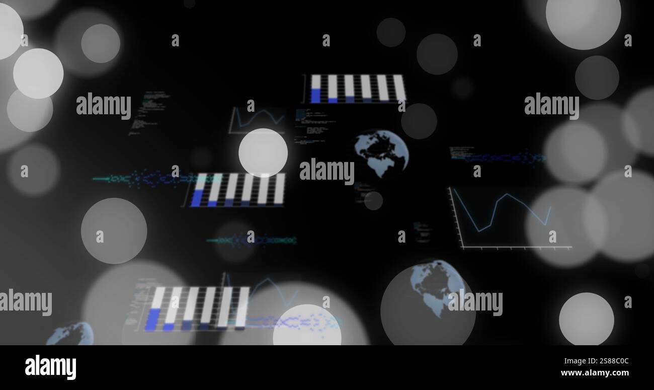 Image of data processing over light spots on black background Stock ...
