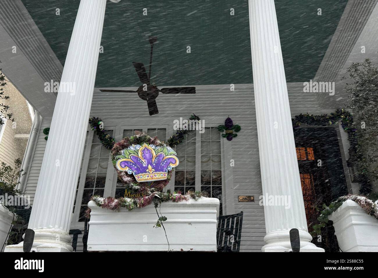 Snow covers Mardi Gras decorations in New Orleans on Tuesday, Jan. 21, 2025. (AP Photo/Jack