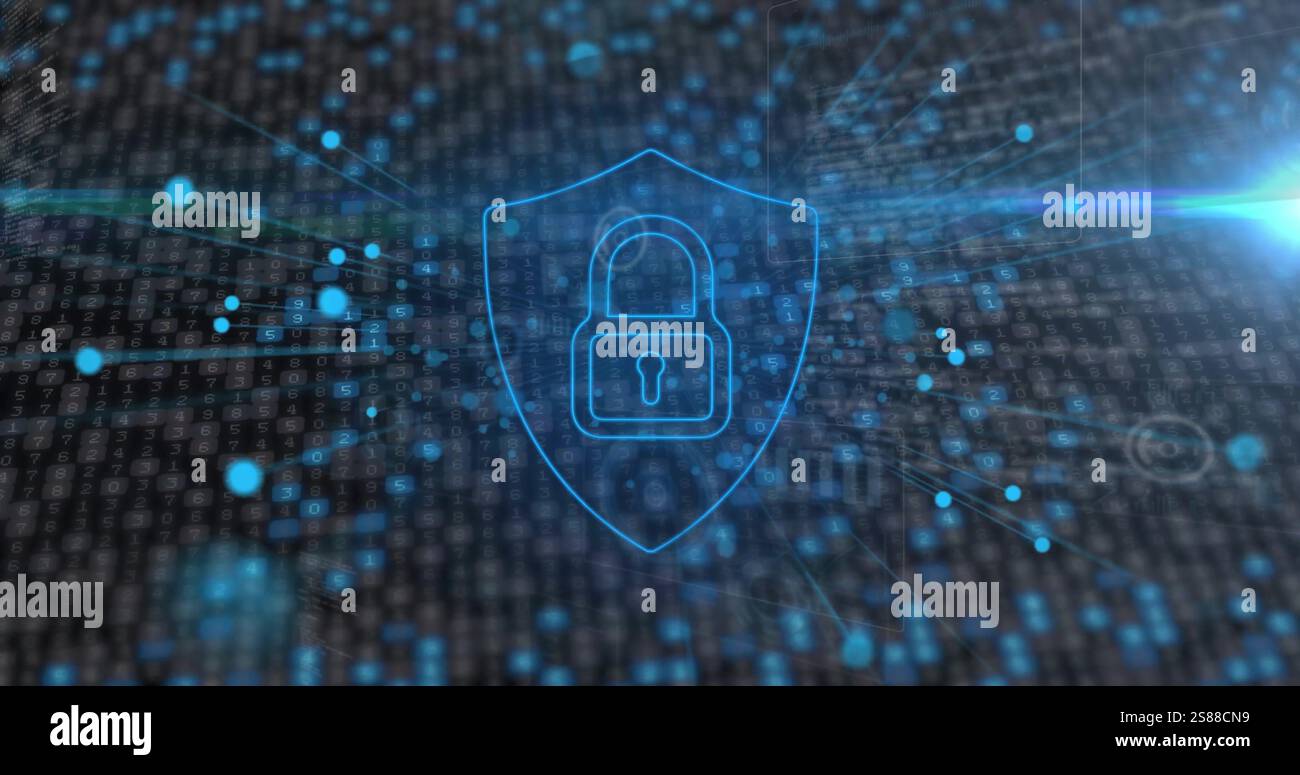 Image of padlock and data processing over dark background Stock Photo
