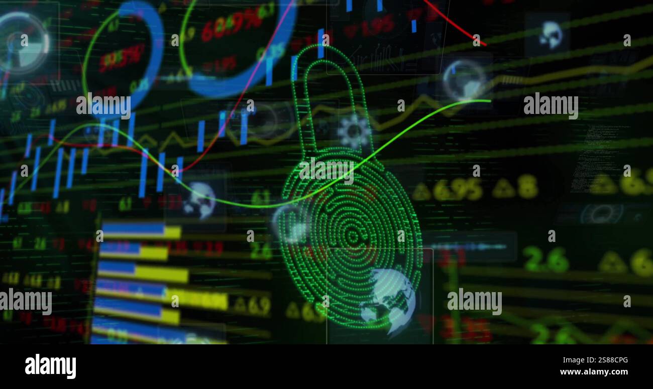 Image of biometric padlock and data processing Stock Photo