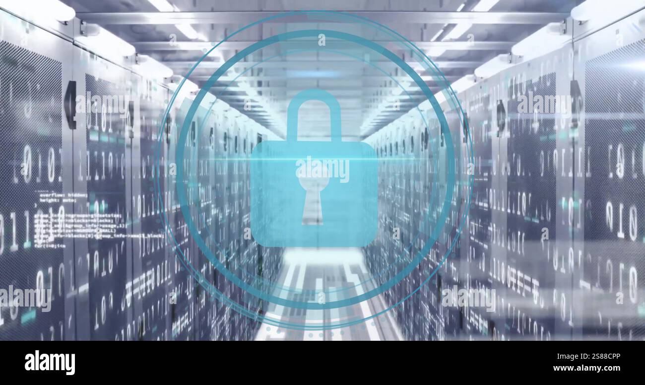Image of padlock icon and digital data processing over computer servers Stock Photo