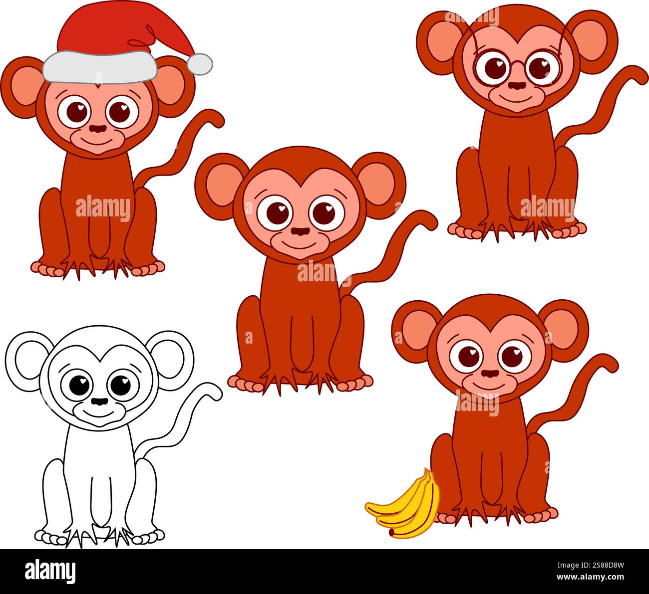 Vector set with cute monkey with different accessories. Vector animal collection in cartoon graphic line style. China new year Stock Vector