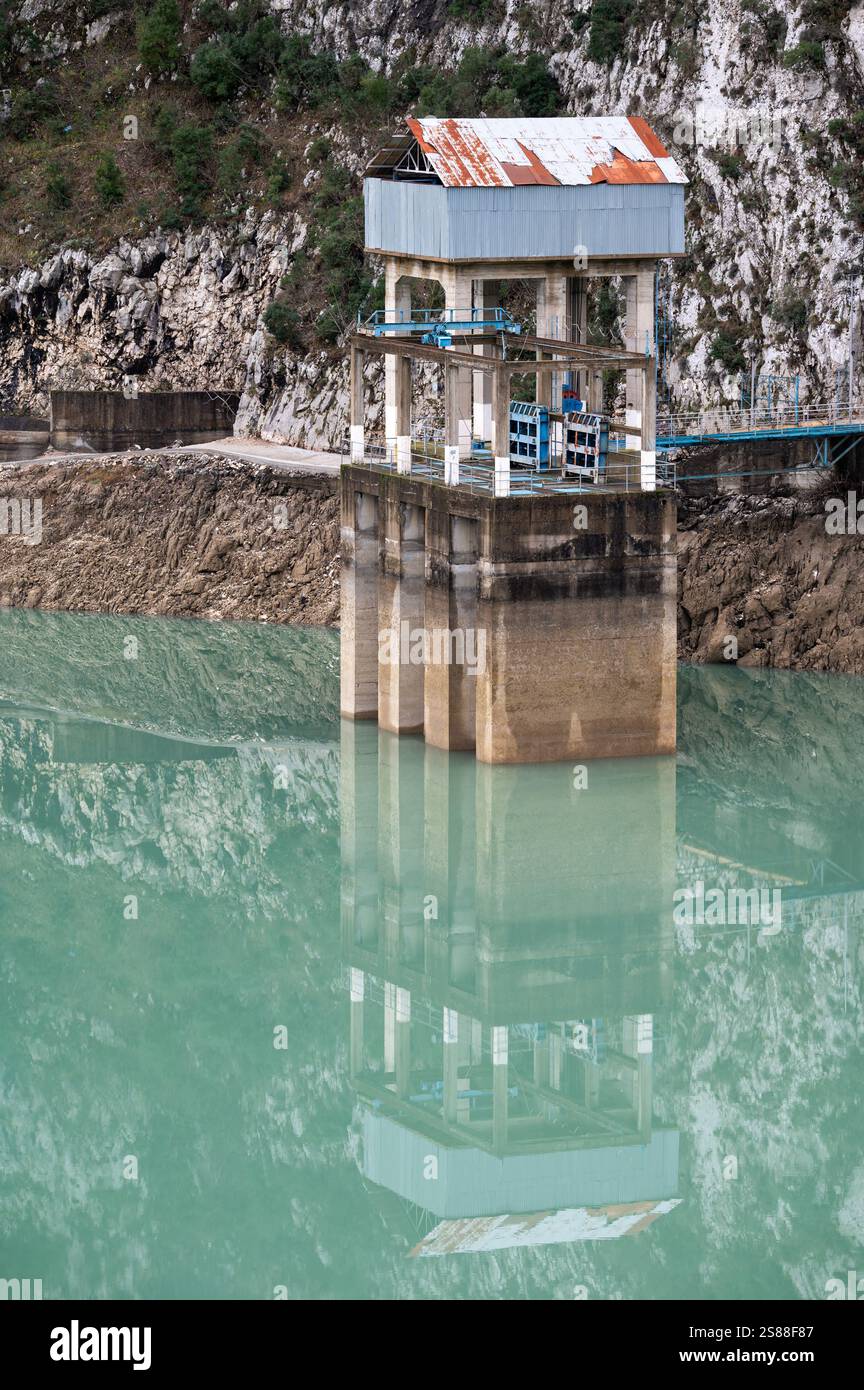 Sluice control system of the Bovilla water reservoir, an artificial lake in Albania, DEC 12, 2024 Stock Photo