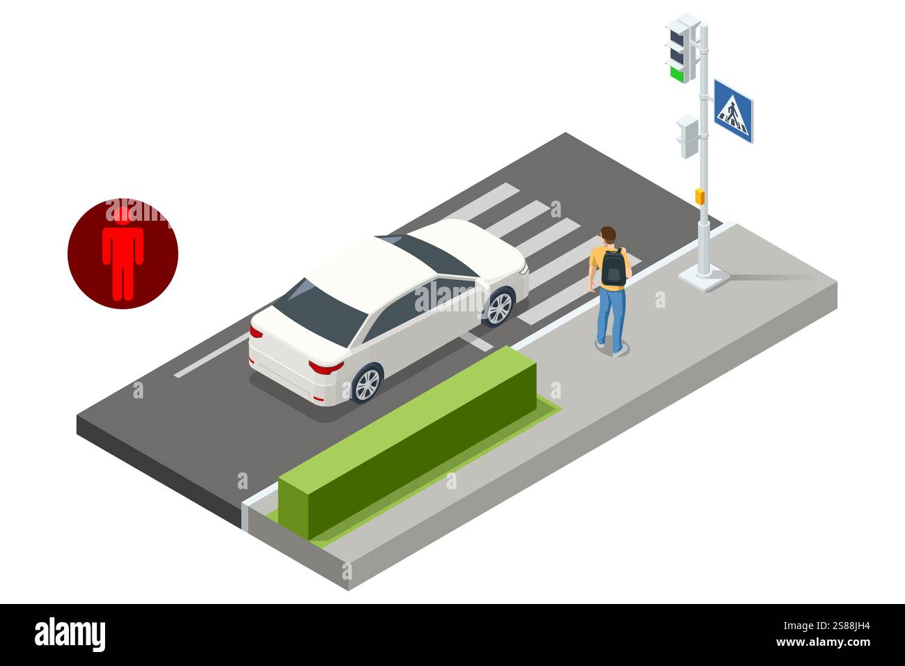 An isometric vector of a pedestrian at a crosswalk with a red car ...