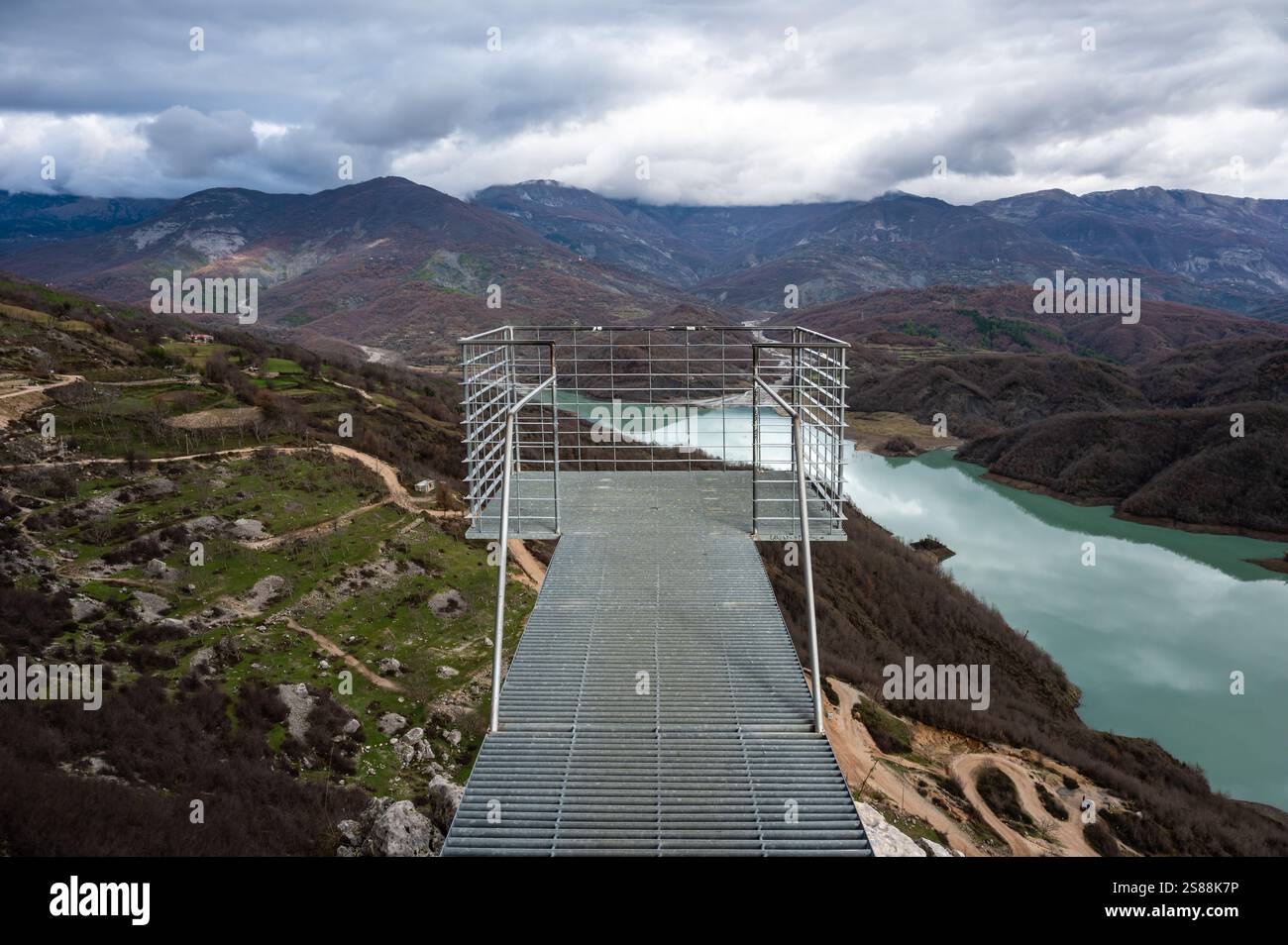 Panoramic look out platform over the Gamti mountain range and the Bovilla lake, Albania Stock Photo