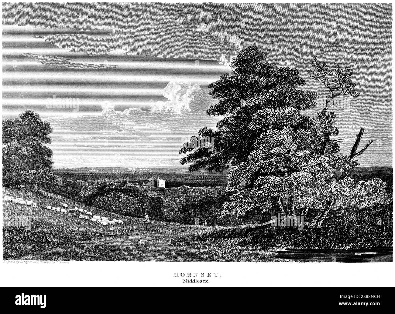 An engraving of Hornsey, Middlesex scanned at high resolution from a book published around 1815. Stock Photo