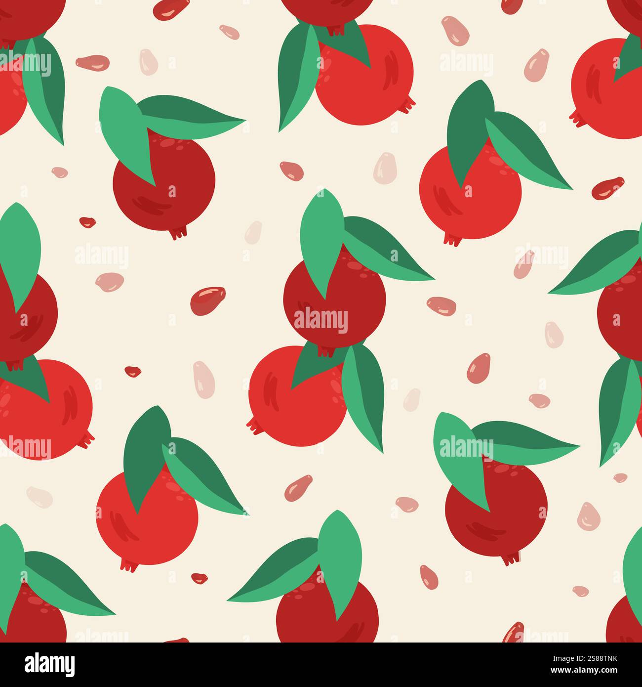 A bright pattern with pomegranates, leaves and fruit pits on the background. Vector seamless pattern in a flat style. Summer textile print, wrapping paper, holiday wrap. Stock Vector