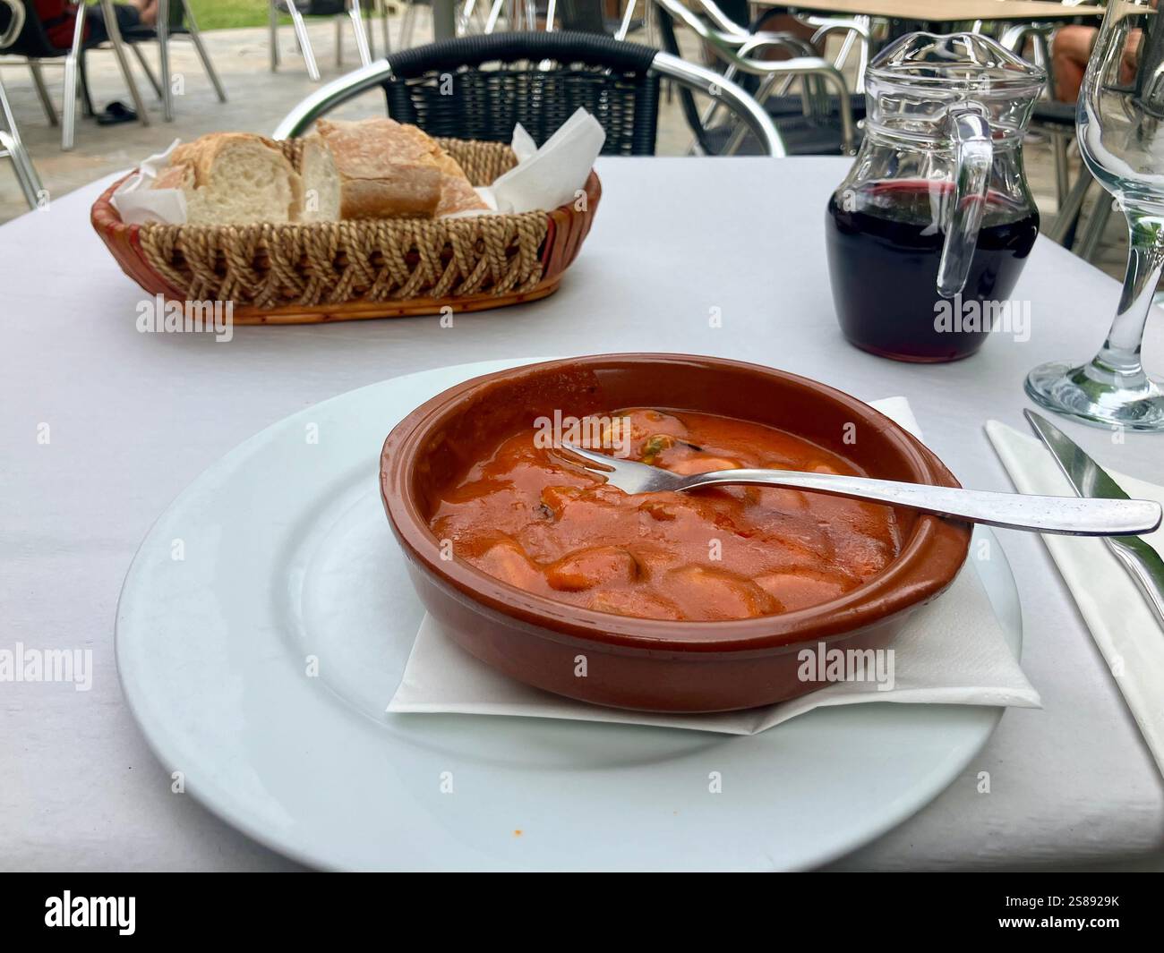 Typical Spanish Meal with Bread and Red Wine - Smartphone Captured Stock Image