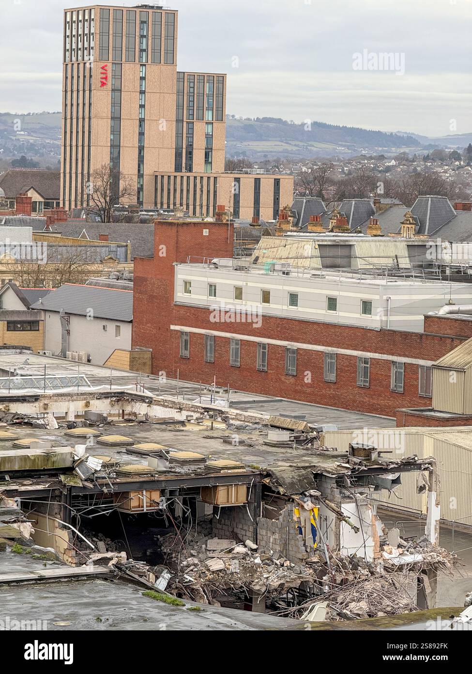 The former Debenhams department store in Cardiff, which closed in 2021, is currently undergoing demolition: Phillip Roberts - Smartphone Captured Stock Image