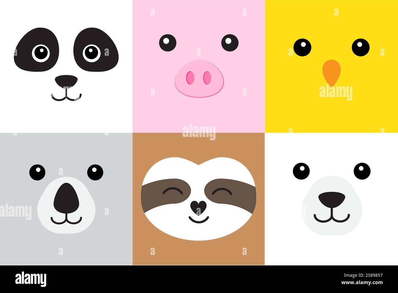Vector set bundle of flat cartoon different animals faces isolated on white background Stock Vector