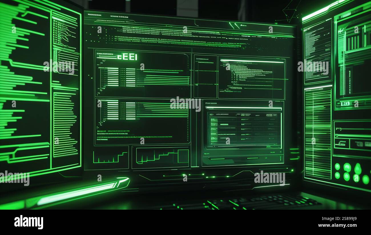 A high-tech computer screen with green-lit panels displaying ...