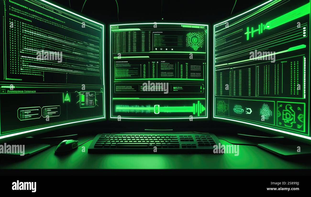 A high-tech computer screen with green-lit panels displaying ...