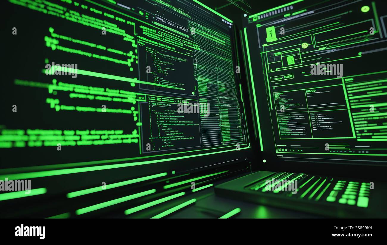 A high-tech computer screen with green-lit panels displaying ...