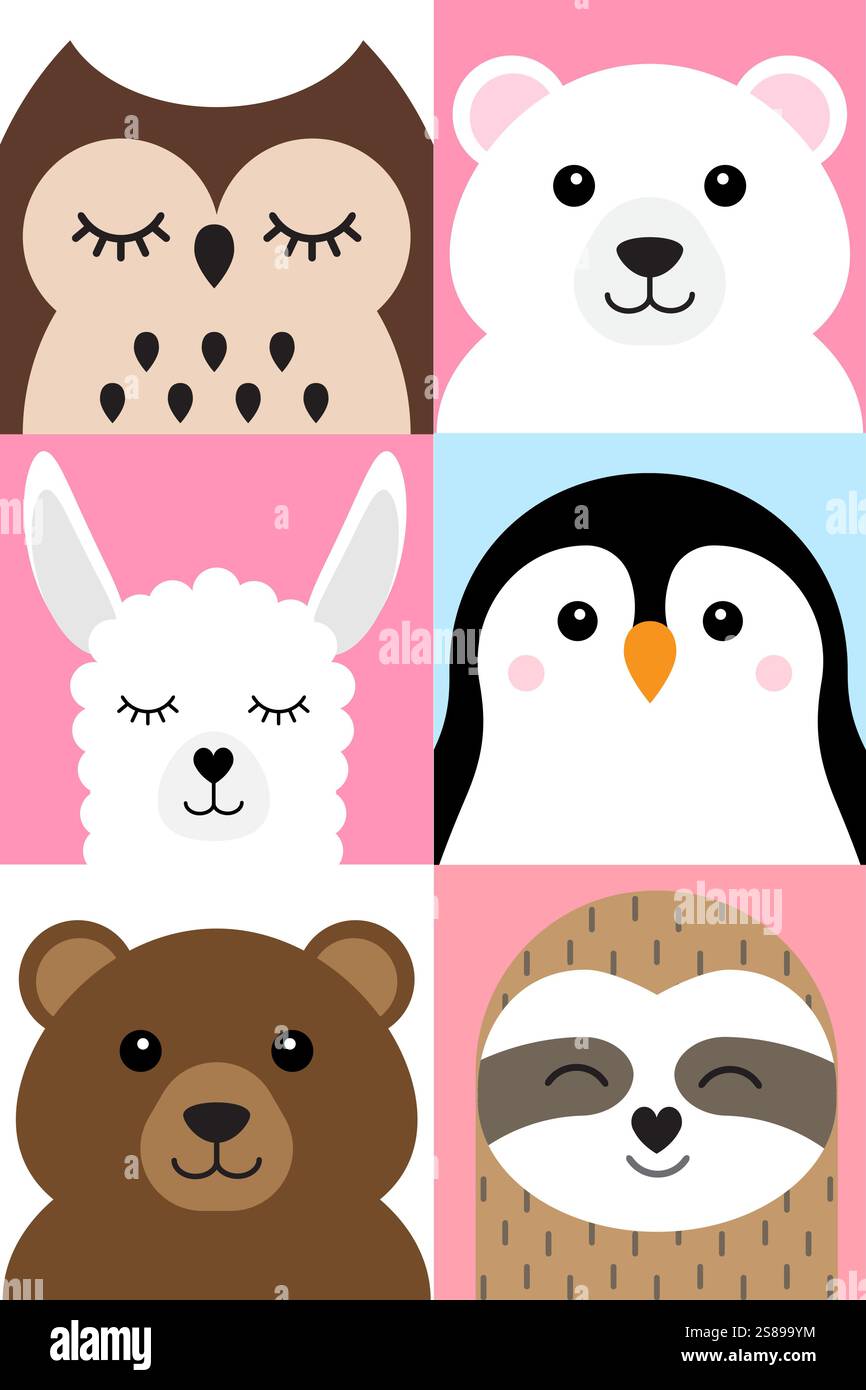Vector set bundle of flat cartoon different animals and birds faces isolated on white background Stock Vector
