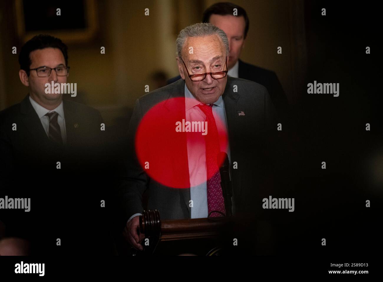 Senator Chuck Schumer (D-N.Y.), the Senate Minority Leader, speaks to ...