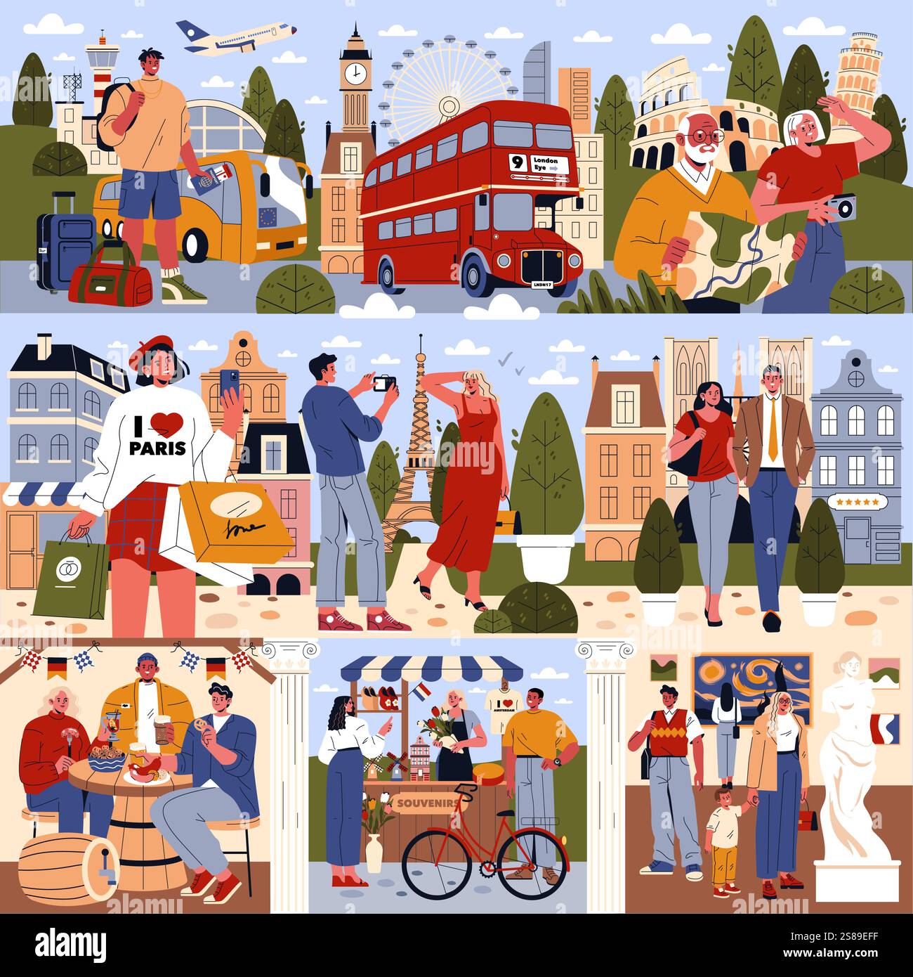 Eurotour concept. A vibrant journey through iconic European cities showcasing diverse attractions and experiences. Travelers exploring landmarks, local foods, and cultural interactions. Vector illustration. Stock Vector