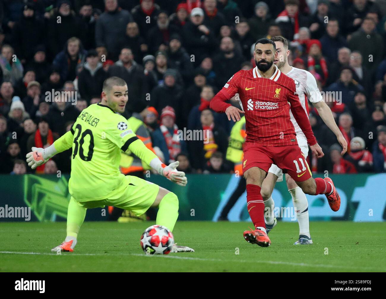 Liverpool, England, 21st January 2025. Liverpool’s Mohamed Salah puts a