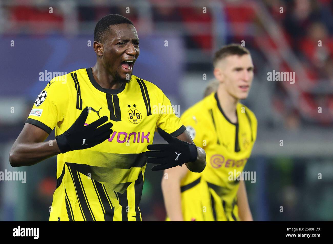 Serhou Guirassy Of Borussia Dortmund Reacts During The Champions League Football Match Between Serhou Guirassy Of Borussia Dortmund Reacts During The Champions League Football Match Between Bologna Fc And Borussia Dortmund At Renato Dallara Stadium In Bologna Italy January 21st 2025 2S89HDX
