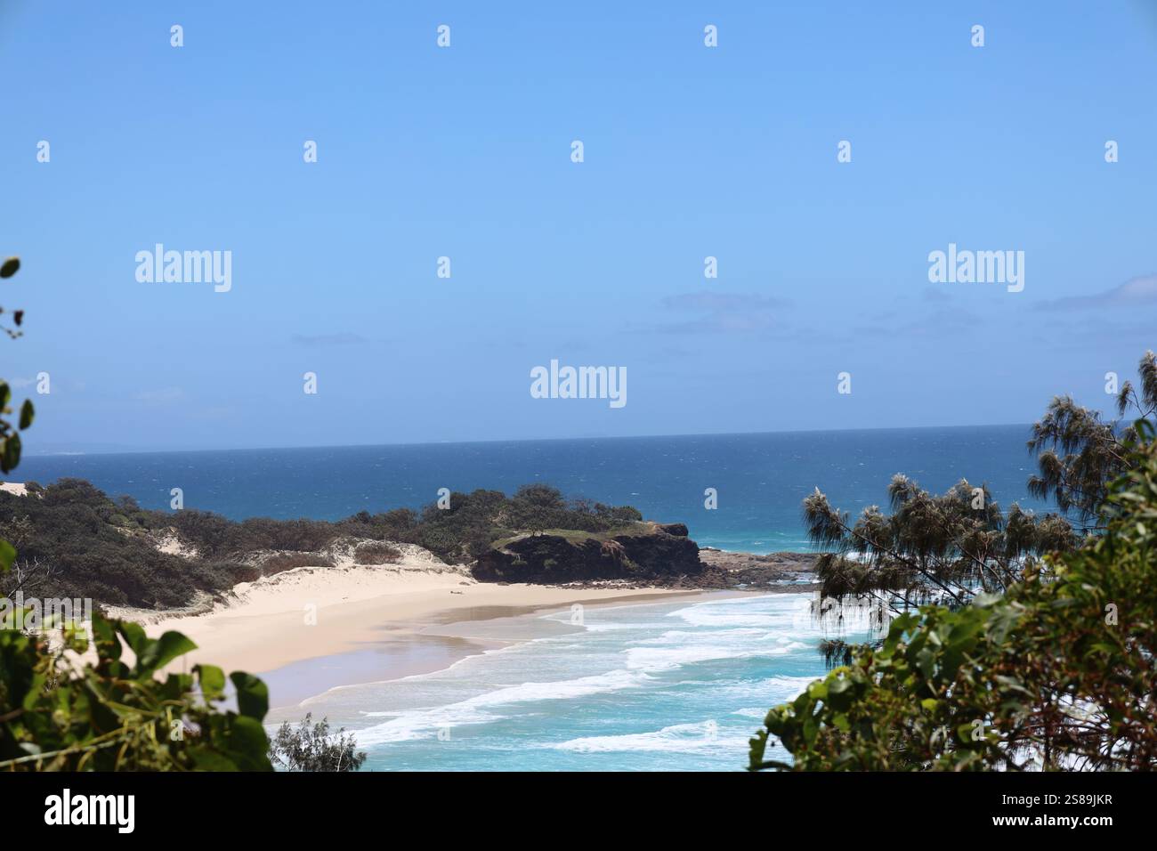 blue sky, deep blue sea, forested shores and sandy beach Stock Photo