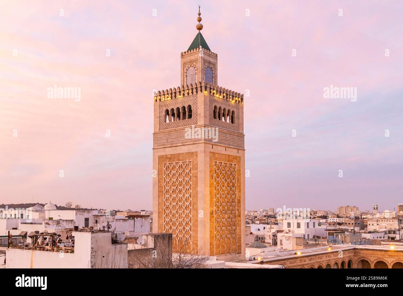 Medina, Tunis, Tunisia. The minaret of the Great Mosque in the Medina of Tunis. Stock Photo