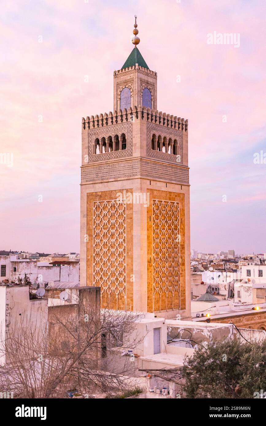 Medina, Tunis, Tunisia. The minaret of the Great Mosque in the Medina of Tunis. Stock Photo