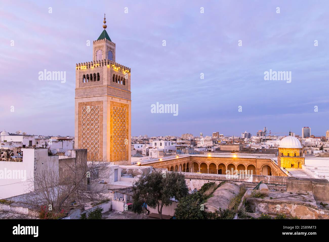 Medina, Tunis, Tunisia. The minaret of the Great Mosque in the Medina of Tunis. Stock Photo